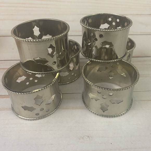 6x Holly Leaf Silver Metal Round Napkin Rings Holiday Christmas - Picture 1 of 4